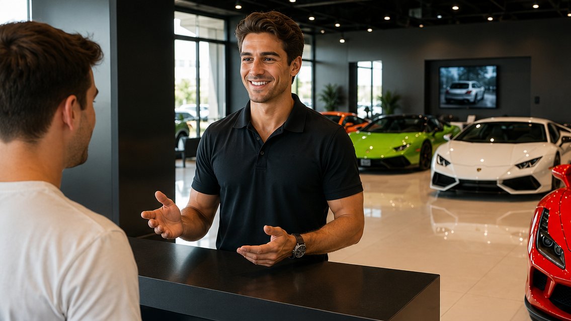 An agency operator with a client on the showroom floor